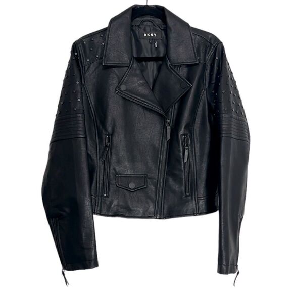 DKNY Black Faux Leather Studded Biker Jacket Size Large - Picture 1 of 11